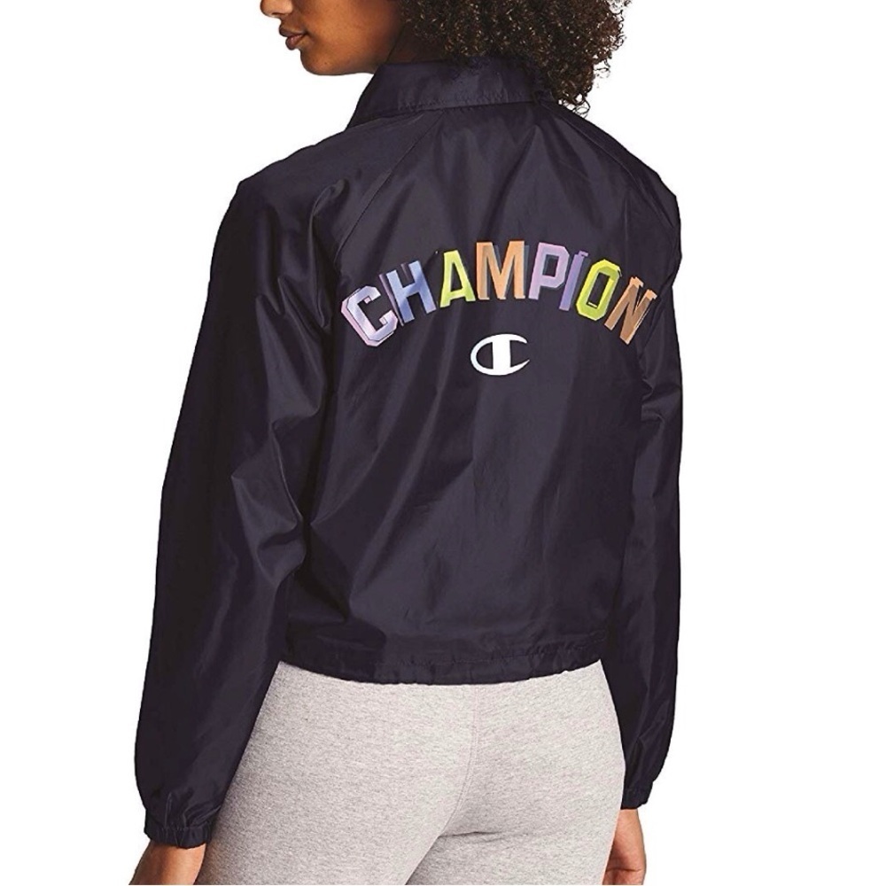 Women's Champion Cropped Coaches Jacket, Color Pop Logo Athletic Navy Size Small